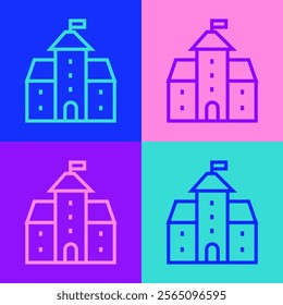 Pop art line Castle icon isolated on color background. Medieval fortress with a tower. Protection from enemies. Reliability and defense of the city.  Vector