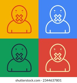 Pop art line Censor and freedom of speech concept icon isolated on color background. Media prisoner and human rights concept. Tied mouth.  Vector