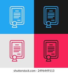 Pop art line Certificate template icon isolated on color background. Achievement, award, degree, grant, diploma concepts.  Vector