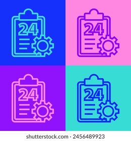 Pop art line Checklist clipboard with 24 hours service icon isolated on color background.  Vector Illustration