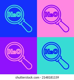 Pop art line Chemical formula for water drops H2O shaped icon isolated on color background.  Vector Illustration