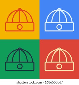 Pop art line Chinese hat icon isolated on color background.  Vector Illustration