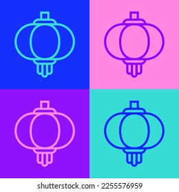 Pop art line Chinese paper lantern icon isolated on color background.  Vector