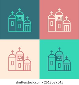 Pop art line Church building icon isolated on color background. Christian Church. Religion of church.  Vector Illustration