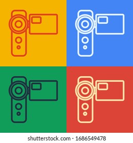 Pop art line Cinema camera icon isolated on color background. Video camera. Movie sign. Film projector.  Vector Illustration