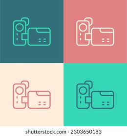 Pop art line Cinema camera icon isolated on color background. Video camera. Movie sign. Film projector.  Vector