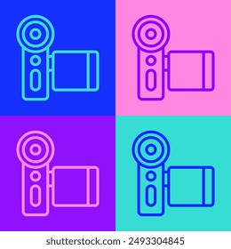 Pop art line Cinema camera icon isolated on color background. Video camera. Movie sign. Film projector.  Vector