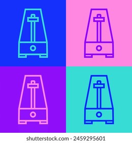 Pop art line Classic Metronome with pendulum in motion icon isolated on color background. Equipment of music and beat mechanism.  Vector