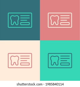 Pop art line Clipboard with dental card or patient medical records icon isolated on color background. Dental insurance. Dental clinic report.  Vector