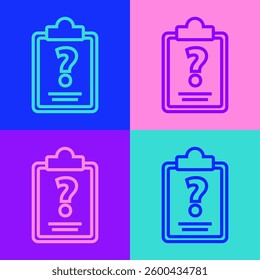 Pop art line Clipboard with question marks icon isolated on color background. Survey, quiz, investigation, customer support questions concepts.  Vector Illustration