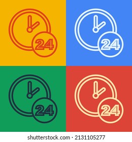 Pop art line Clock 24 hours icon isolated on color background. All day cyclic icon. 24 hours service symbol.  Vector