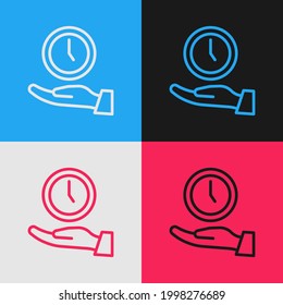 Pop art line Clock icon isolated on color background. Time symbol.  Vector