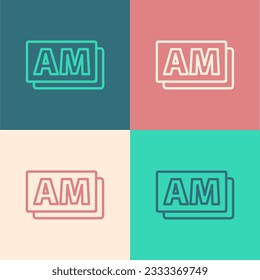 Pop art line Clock AM icon isolated on color background. Time symbol.  Vector