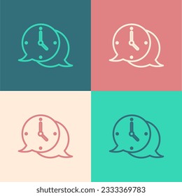 Pop art line Clock with speech bubble icon isolated on color background. Time sign. Office watch or timer symbol.  Vector