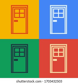 Pop art line Closed door icon isolated on color background.  Vector Illustration