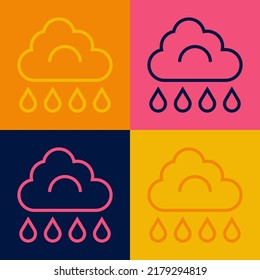 Pop art line Cloud with rain icon isolated on color background. Rain cloud precipitation with rain drops.  Vector