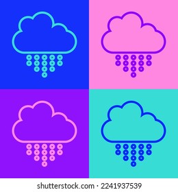 Pop art line Cloud with rain icon isolated on color background. Rain cloud precipitation with rain drops.  Vector