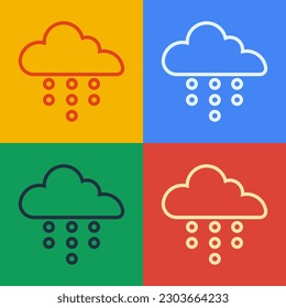 Línea de arte pop Nube con icono de lluvia aislado en fondo de color. Precipitación de nubes de lluvia con caídas de lluvia.  Vector