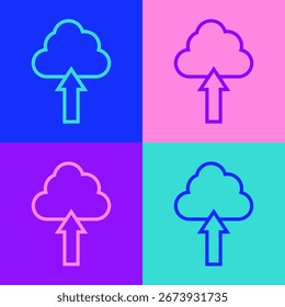 Icono del Cargar de la nube de la línea del arte del Pop aislado en fondo del color.  Vector
