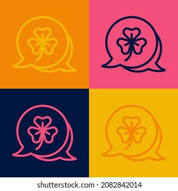 Pop art line Clover trefoil leaf icon isolated on color background. Happy Saint Patricks day. National Irish holiday.  Vector