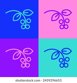 Pop art line Coffee bean, branch with leaf and berry icon isolated on color background. Plant with leaf, berry, fruit, seed.  Vector Illustration