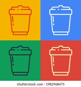 Pop art line Coffee cup to go icon isolated on color background.  Vector Illustration