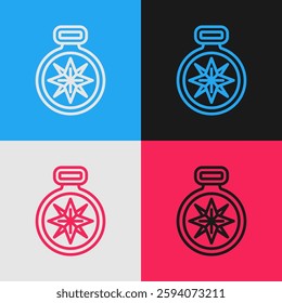 Pop art line Compass icon isolated on color background. Windrose navigation symbol. Wind rose sign.  Vector