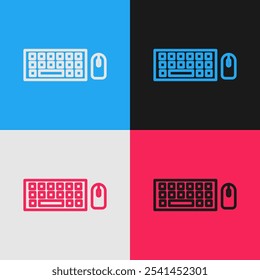 Pop art line Computer keyboard and mouse icon isolated on color background. PC component sign.  Vector Illustration