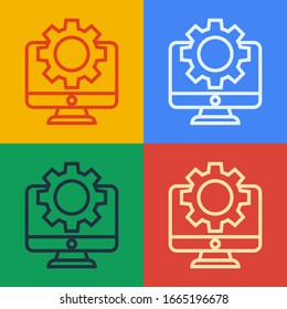 Pop art line Computer monitor and gear icon isolated on color background. Adjusting, service, setting, maintenance, repair, fixing.  Vector Illustration