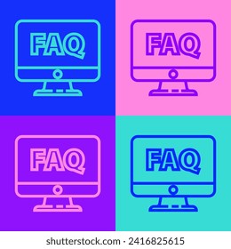 Pop art line Computer monitor and FAQ icon isolated on color background. Adjusting, service, setting, maintenance, repair, fixing.  Vector Illustration