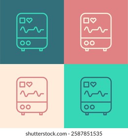 Pop art line Computer monitor with cardiogram icon isolated on color background. Monitoring icon. ECG monitor with heart beat hand drawn.  Vector Illustration