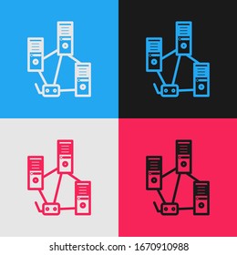 Línea de arte pop Icono de red de equipo aislado en fondo de color. Red de portátiles. Conexión a Internet. Ilustración vectorial