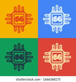 Pop art line Computer processor with microcircuits CPU icon isolated on color background. Chip or cpu with circuit board. Micro processor.  Vector Illustration