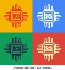 Pop art line Computer processor with microcircuits CPU icon isolated on color background. Chip or cpu with circuit board. Micro processor.  Vector Illustration