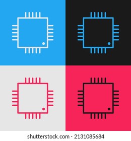 Pop art line Computer processor with microcircuits CPU icon isolated on color background. Chip or cpu with circuit board sign. Micro processor.  Vector Illustration