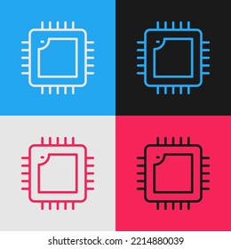 Pop art line Computer processor with microcircuits CPU icon isolated on color background. Chip or cpu with circuit board. Micro processor.  Vector