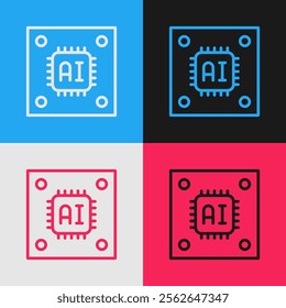 Pop art line Computer processor with microcircuits CPU icon isolated on color background. Chip or cpu with circuit board sign. Micro processor.  Vector