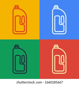 Pop art line Container with drain cleaner icon isolated on color background. Detergent in plastic bottle.  Vector Illustration