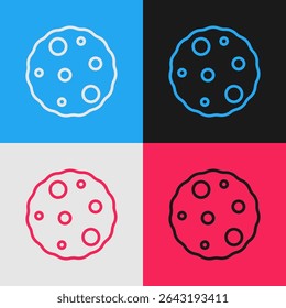 Pop art line Cookie or biscuit with chocolate icon isolated on color background.  Vector