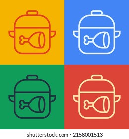 Pop art line Cooking pot and chicken leg icon isolated on color background. Chicken drumstick.  Vector