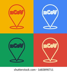Pop art line Corona virus 2019-nCoV on location icon isolated on color background. Bacteria and germs, cell cancer, microbe, fungi.  Vector Illustration