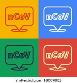 Pop art line Corona virus 2019-nCoV on location icon isolated on color background. Bacteria and germs, cell cancer, microbe, fungi.  Vector Illustration