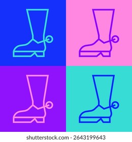 Pop art line Cowboy boot icon isolated on color background.  Vector Illustration