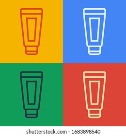 Pop art line Cream or lotion cosmetic tube icon isolated on color background. Body care products for men.  Vector Illustration
