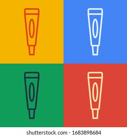 Pop art line Cream or lotion cosmetic tube icon isolated on color background. Body care products for men.  Vector Illustration