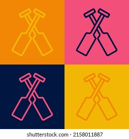 Pop art line Crossed oars or paddles boat icon isolated on color background.  Vector