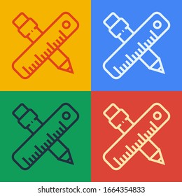 Pop art line Crossed ruler and pencil icon isolated on color background. Straightedge symbol. Drawing and educational tools.  Vector Illustration