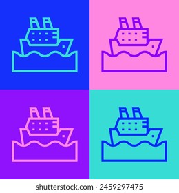 Pop art line Cruise ship in ocean icon isolated on color background. Cruising the world.  Vector