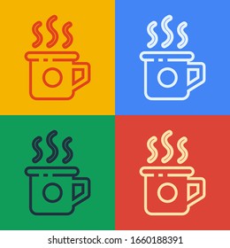 Pop art line Cup of tea icon isolated on color background. Sweet natural food.  Vector Illustration
