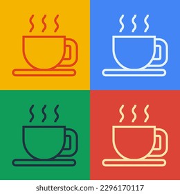 Pop art line Cup of tea icon isolated on color background.  Vector